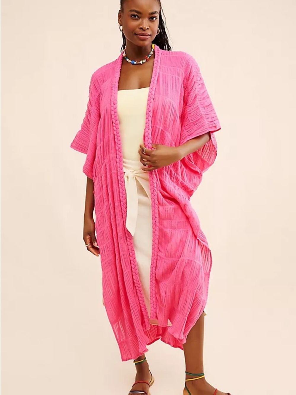 Anthropologie Maeve Bright Pink Braided Duster Cardigan Kimono